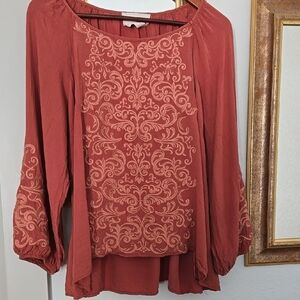 Savannah Jane Women's Embroidered Peasant Cottagecore Rust Blouse Size L